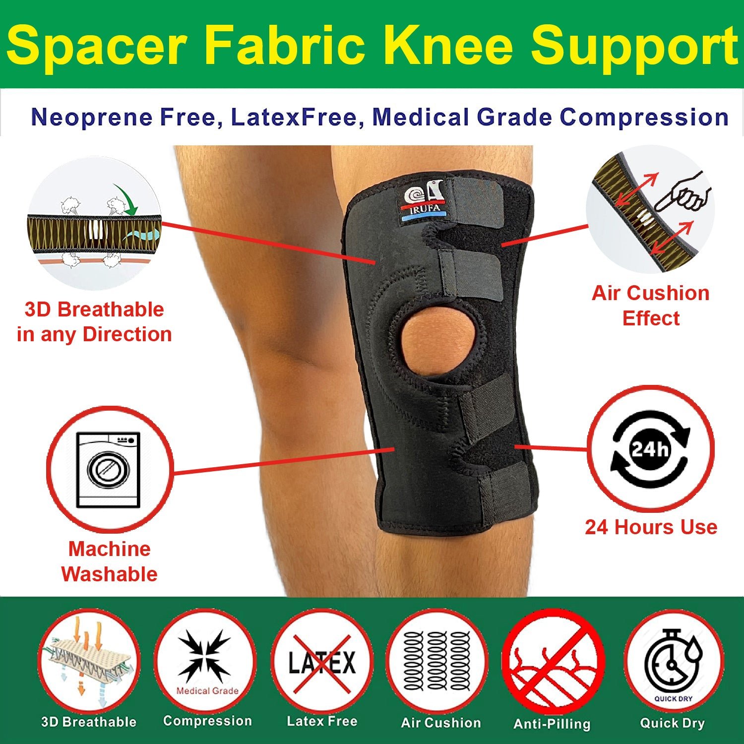 IRUFA 3D Breathable Open Patella Spacer Fabric Knee Support for Meniscus Tear, ACL, MCL - Image 4
