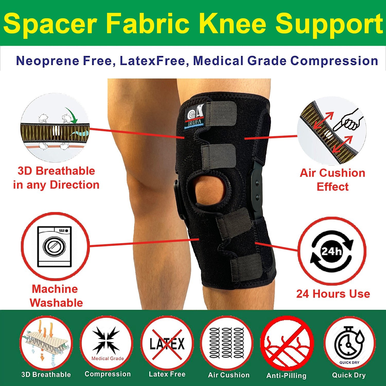 IRUFA, KN-OS-23 H2 3D Breathable Spacer Fabric Open Patella Hinged Knee Support - Image 4