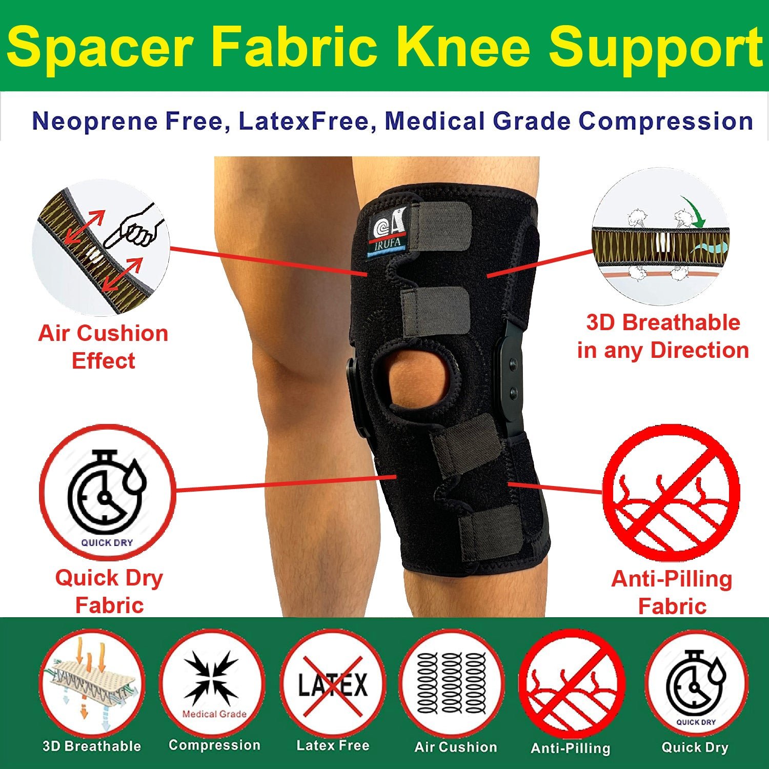 IRUFA, KN-OS-23 H2 3D Breathable Spacer Fabric Open Patella Hinged Knee Support - Image 5