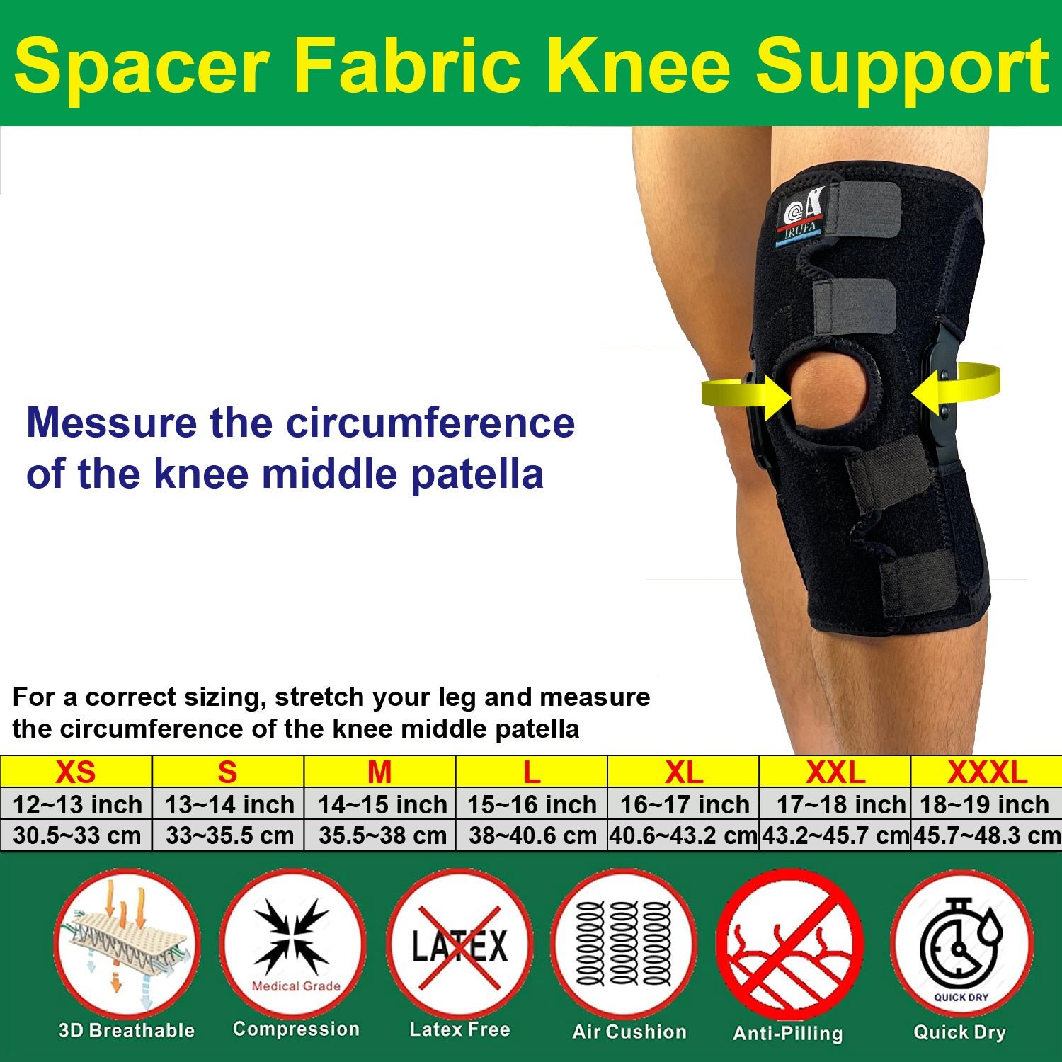 IRUFA, KN-OS-23 H2 3D Breathable Spacer Fabric Open Patella Hinged Knee Support - Image 6